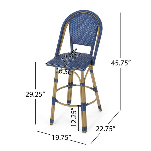 Gomy Outdoor Barstool Char Set of 2, Blue Wicker Woven, Brown Aluminum