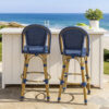 Gomy Outdoor Barstool Char Set of 2, Blue Wicker Woven, Brown Aluminum