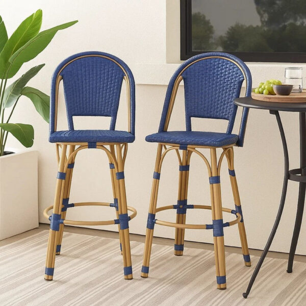Gomy Outdoor Barstool Char Set of 2, Blue Wicker Woven, Brown Aluminum