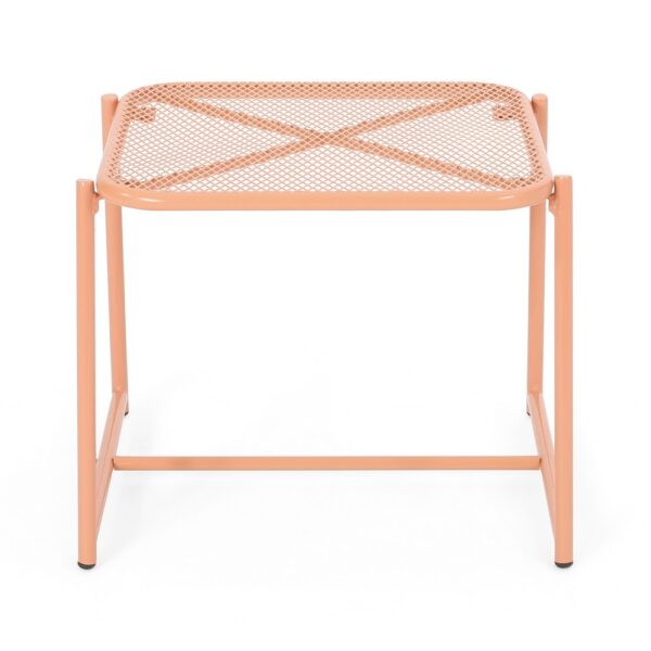 Elie Outdoor Side End Table, 20 Inch Mesh Top, Orange Metal Sled Base