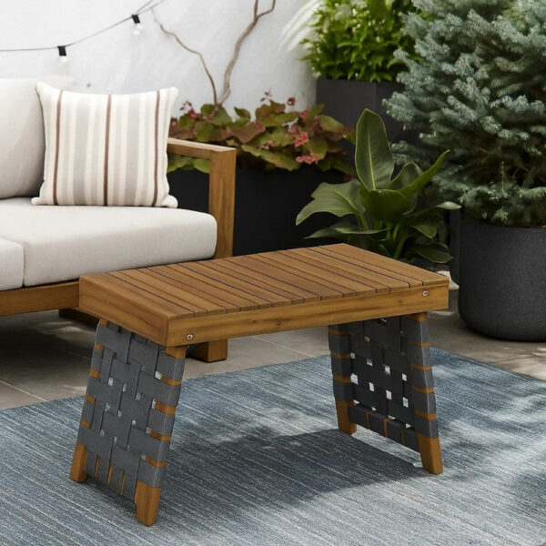 Leo Outdoor Foldable Side Table, 20 Inch Brown Wood, Black Nylon Strap