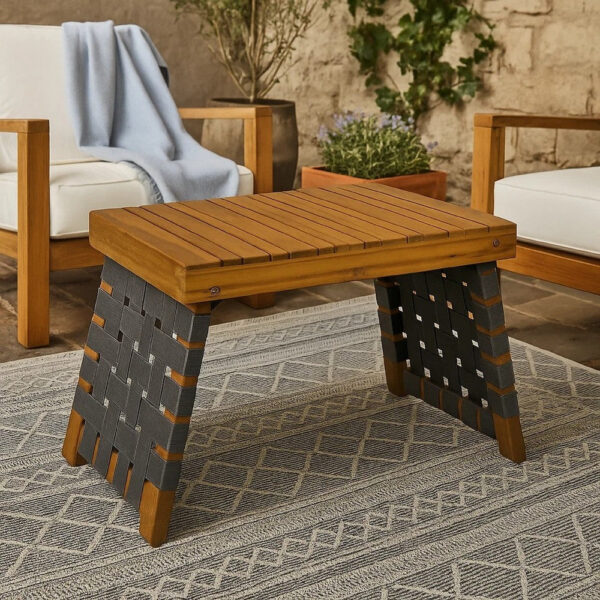 Leo Outdoor Foldable Side Table, 20 Inch Brown Wood, Black Nylon Strap