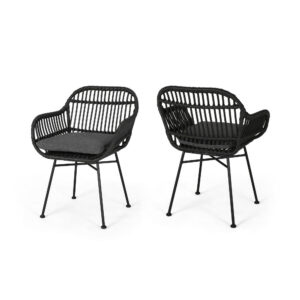 Tee Outdoor Conversation Chair Set of 2, Gray Rattan, Black Metal