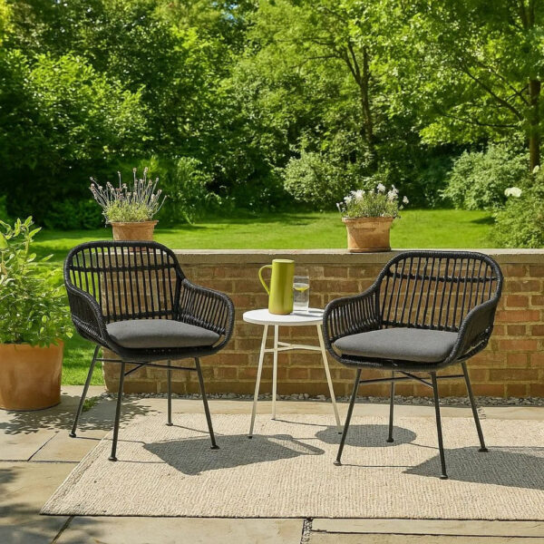 Tee Outdoor Conversation Chair Set of 2, Gray Rattan, Black Metal