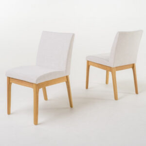 Dining Chair Set of 2, Brown Wood Frame, Light Beige Padded Fabric