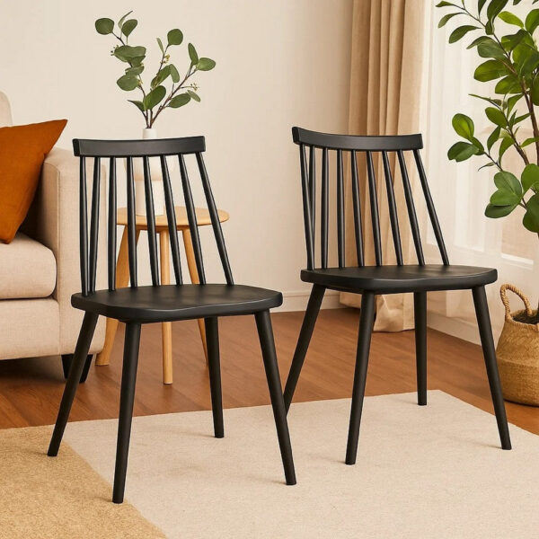 Dining Side Chair Set of 2, Black Polypropylene, Spindle Backrest