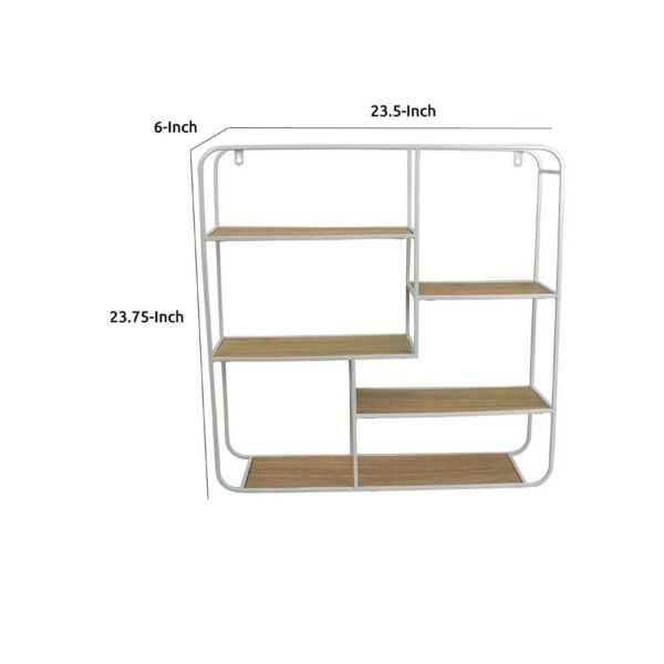 Decorative Wall Shelf with 6 Staggered Wood Racks, White Metal 24 Inch