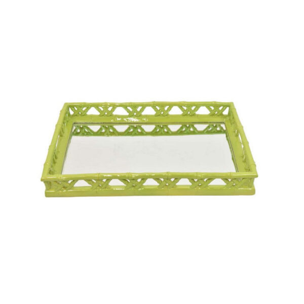 Aeny Accessory Tray with Mirror, 20 Inch, Bamboo Look Lime Green Resin