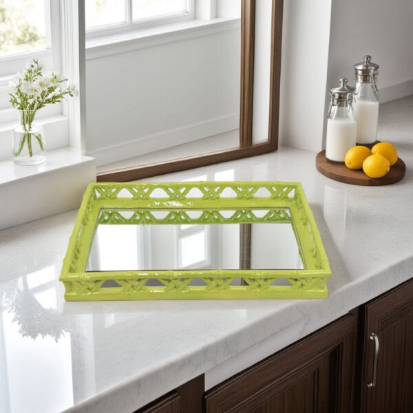 Aeny Accessory Tray with Mirror, 20 Inch, Bamboo Look Lime Green Resin