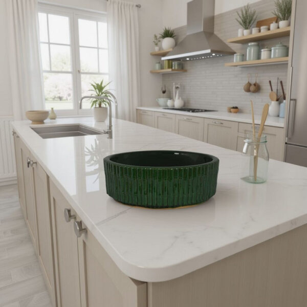 Limy Large Accessory Bowl, 14 Inch Textured, Dark Green Glazed Ceramic