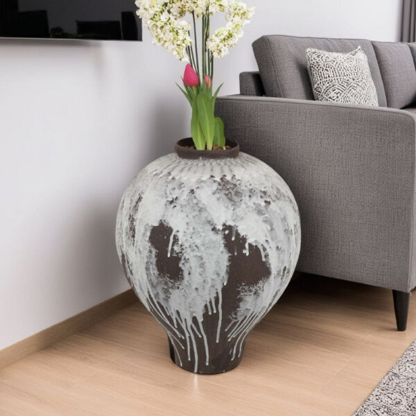 Gezy Decorative Flower Vase, 15 Inch Bulb Shape, Brown White Ceramic