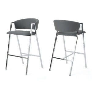 Zoy Barstool Chair Set of 2, Gray Faux Leather Padded, Chrome Iron