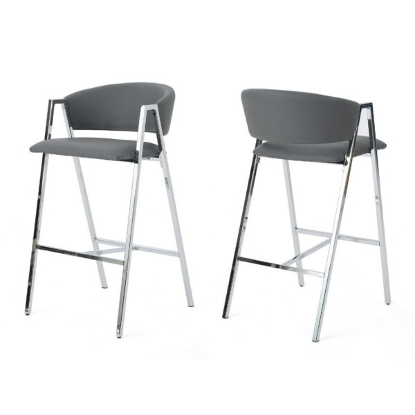Zoy Barstool Chair Set of 2, Gray Faux Leather Padded, Chrome Iron