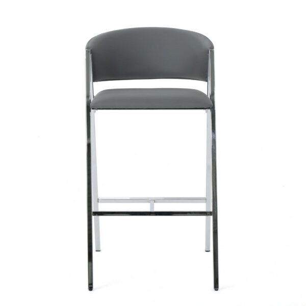 Zoy Barstool Chair Set of 2, Gray Faux Leather Padded, Chrome Iron
