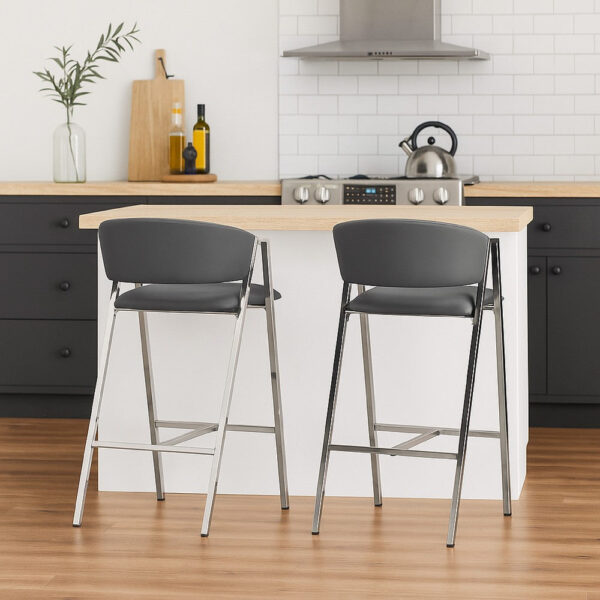 Zoy Barstool Chair Set of 2, Gray Faux Leather Padded, Chrome Iron