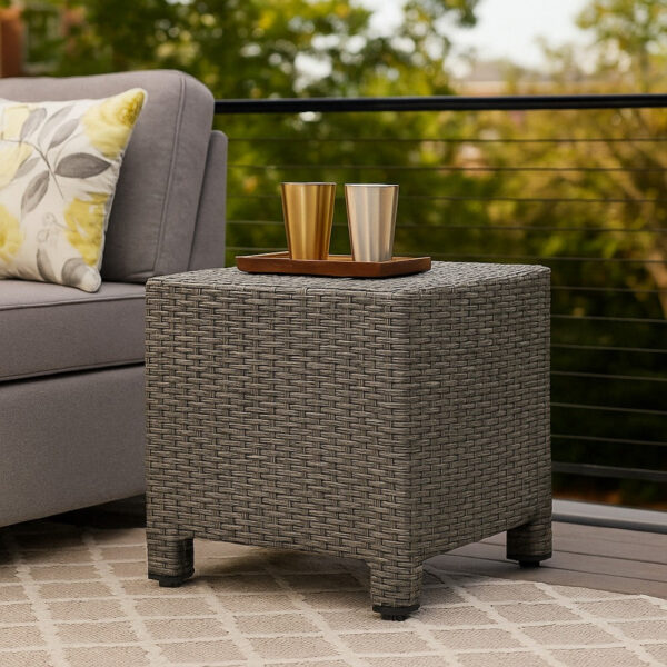 Perie Outdoor Accent Table, Gray Faux Rattan, Iron Frame, 18 Inch