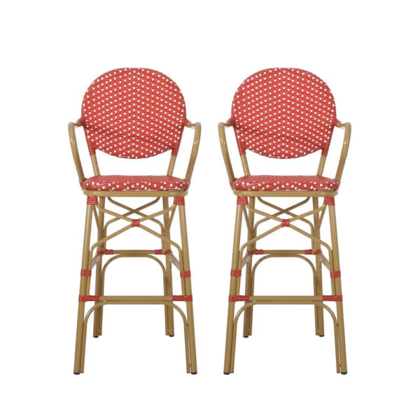 Lyam Set of 2 Outdoor Barstool Chair, Red Woven Wicker, Brown Aluminum