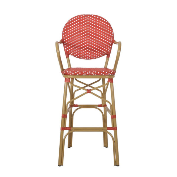 Lyam Set of 2 Outdoor Barstool Chair, Red Woven Wicker, Brown Aluminum