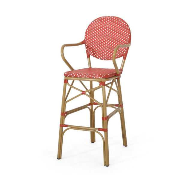 Lyam Set of 2 Outdoor Barstool Chair, Red Woven Wicker, Brown Aluminum