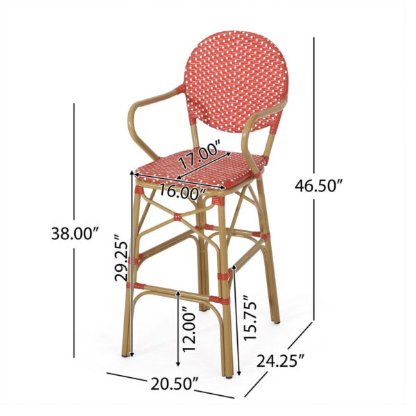 Lyam Set of 2 Outdoor Barstool Chair, Red Woven Wicker, Brown Aluminum