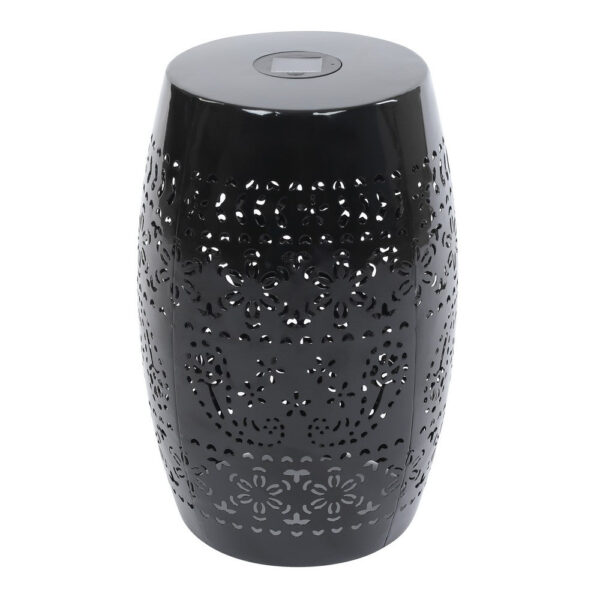 Sola Side Table, Solar Powered Light, 18 Inch Barrel Shaped Black Iron