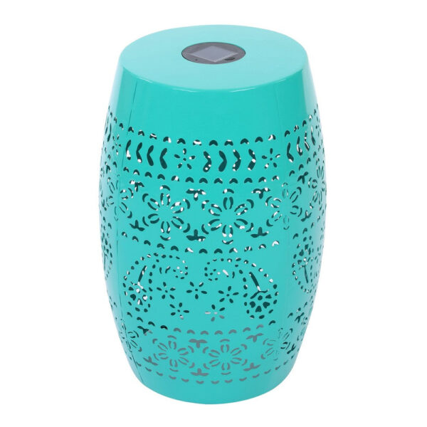 Sola Side Table, Solar Powered Light, 18 Inch Barrel Shaped Teal Iron
