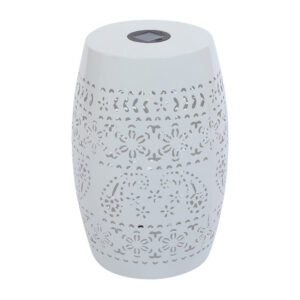 Sola Side Table, Solar Powered Light, 18 Inch Barrel Shaped White Iron