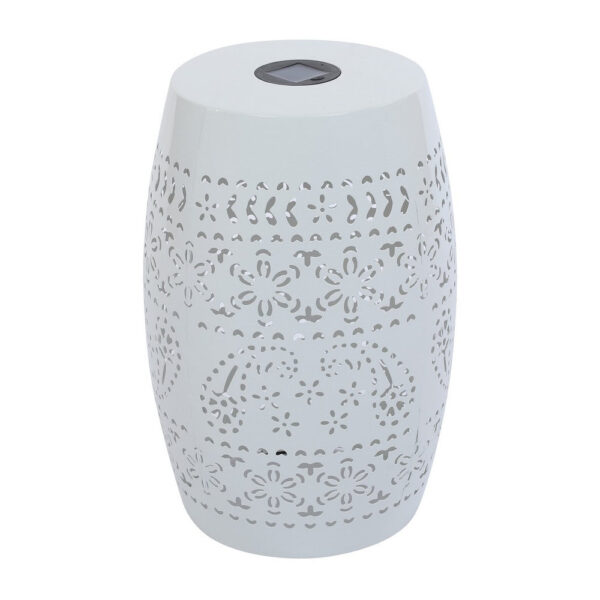 Sola Side Table, Solar Powered Light, 18 Inch Barrel Shaped White Iron