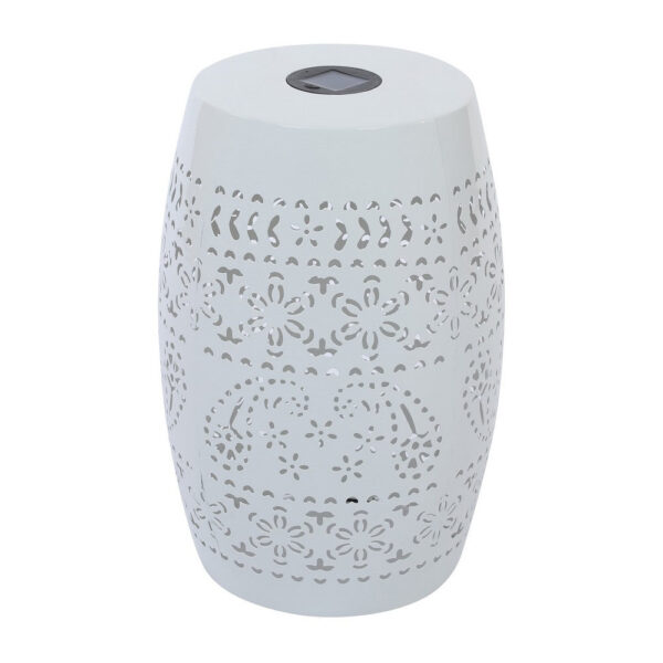 Sola Side Table, Solar Powered Light, 18 Inch Barrel Shaped White Iron