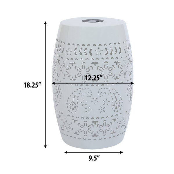 Sola Side Table, Solar Powered Light, 18 Inch Barrel Shaped White Iron