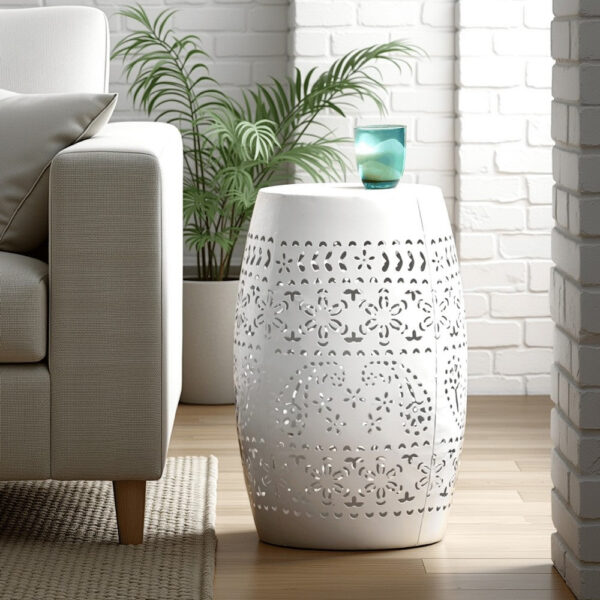 Sola Side Table, Solar Powered Light, 18 Inch Barrel Shaped White Iron