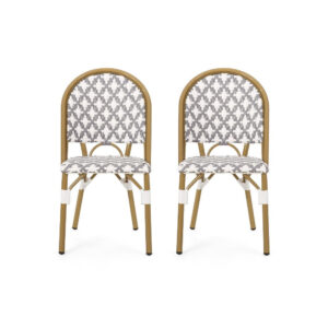 Bo Outdoor Bistro Chair Set of 2, Gray White Faux Rattan, Brown Metal
