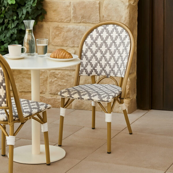 Bo Outdoor Bistro Chair Set of 2, Gray White Faux Rattan, Brown Metal