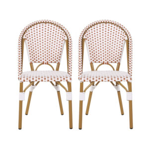 Bo Outdoor Bistro Chair Set of 2, White and Brown Faux Rattan, Metal