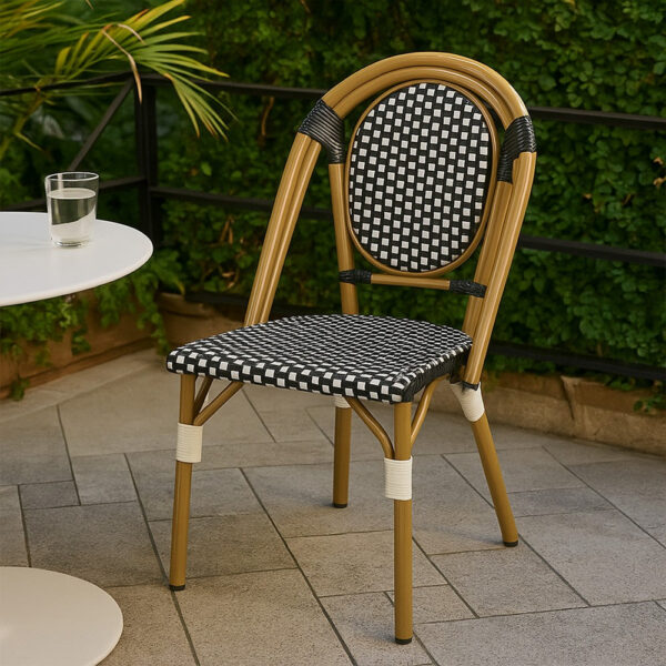Bo Outdoor Bistro Chair Set of 2, White and Black Faux Rattan, Metal