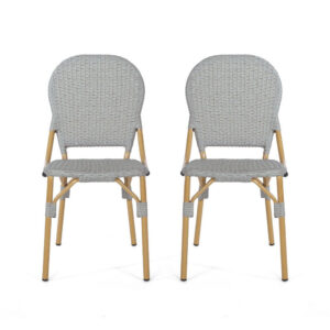Outdoor Bistro Chair Set of 2, Gray Faux Rattan, Natural Brown Metal
