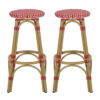 Outdoor Barstool Set of 2, Red and White Wicker Seat, Brown Aluminum