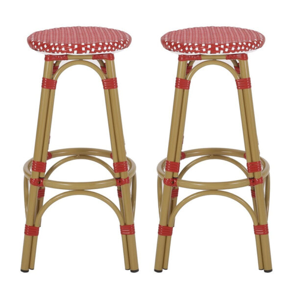 Outdoor Barstool Set of 2, Red and White Wicker Seat, Brown Aluminum