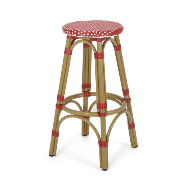 Outdoor Barstool Set of 2, Red and White Wicker Seat, Brown Aluminum