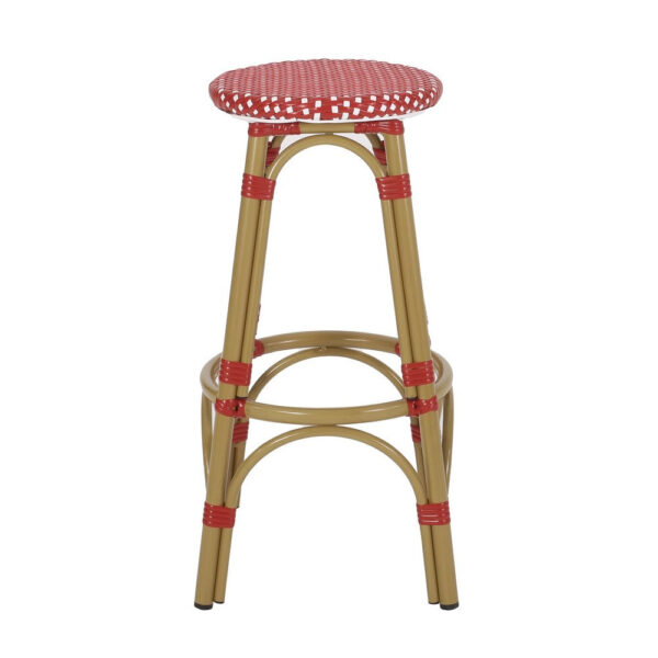 Outdoor Barstool Set of 2, Red and White Wicker Seat, Brown Aluminum