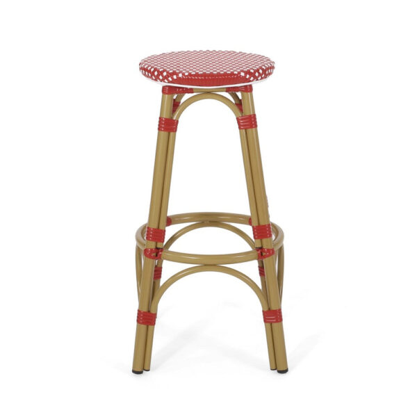 Outdoor Barstool Set of 2, Red and White Wicker Seat, Brown Aluminum