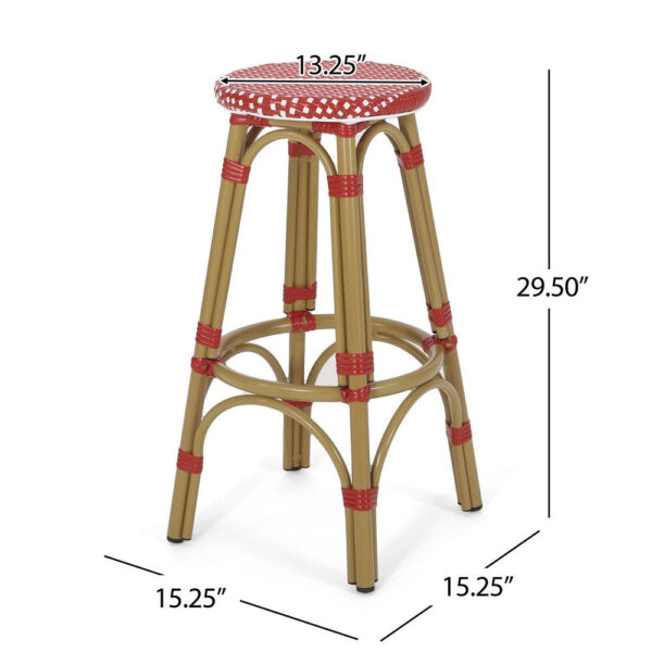 Outdoor Barstool Set of 2, Red and White Wicker Seat, Brown Aluminum
