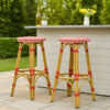 Outdoor Barstool Set of 2, Red and White Wicker Seat, Brown Aluminum