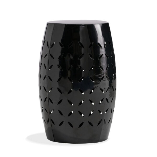 Lica Patio Side End Table, Barrel Shaped Lace Cut, 12 Inch Black Iron