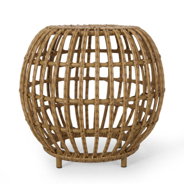 Outdoor Side Table, Open Design, 20 Inch Light Brown Woven Wicker
