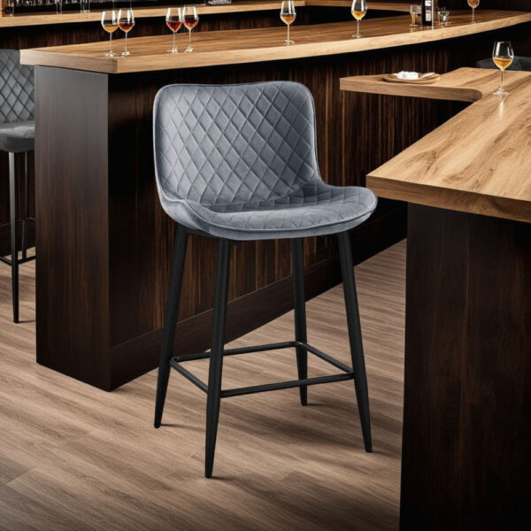 Aniya Counter Stool Chair Set of 2, Black Metal Leg, Dark Gray Velvet