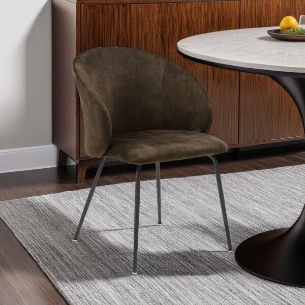 Salie Dining Chair Set of 2, Curved Back, Black Metal, Brown Velvet