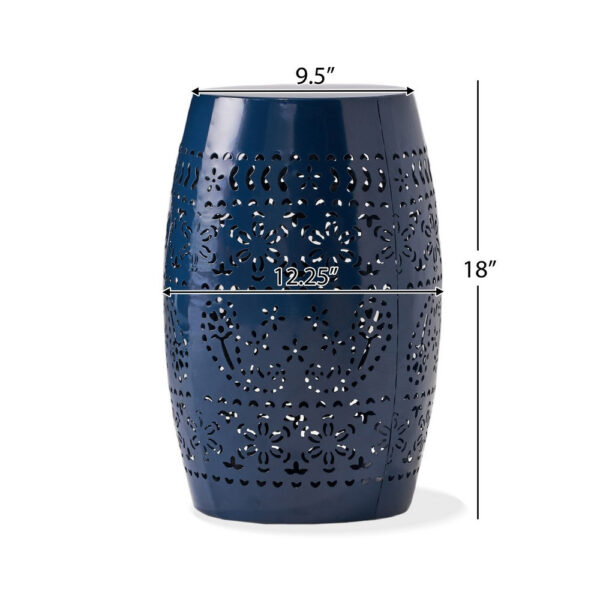 Glena Side End Table, Barrel Shape Lace Cut Design, Blue Iron 12 Inch