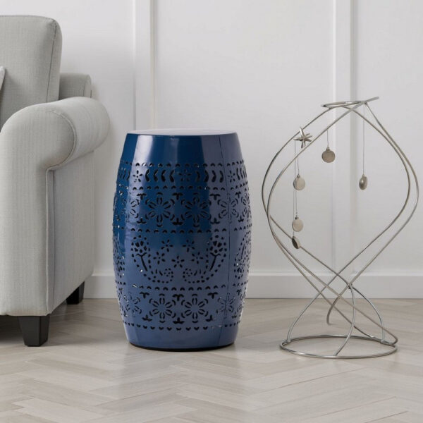 Glena Side End Table, Barrel Shape Lace Cut Design, Blue Iron 12 Inch