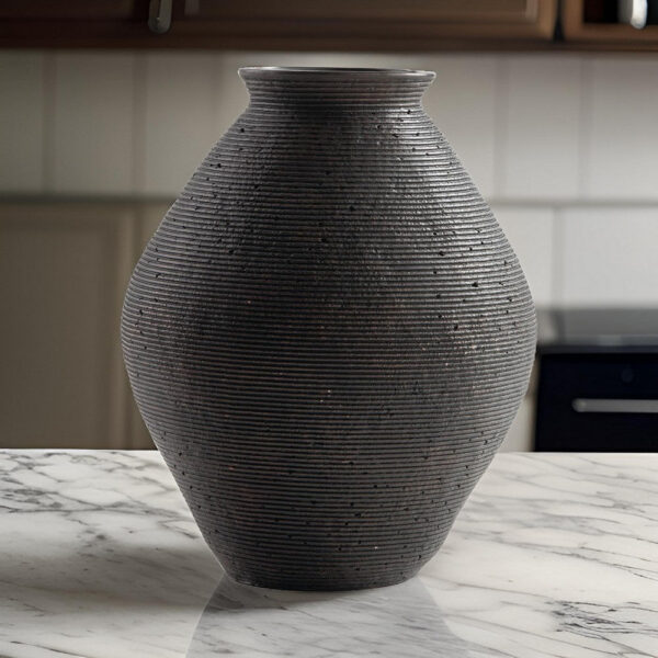 Dale 12 Inch Round Polyresin Vase, Wavy Ribbed Spiral Texture Antique Brown